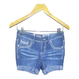 Olgyn Womens Blue Denim Rolled Hem Low Rise Shorts Size 28 NWOT